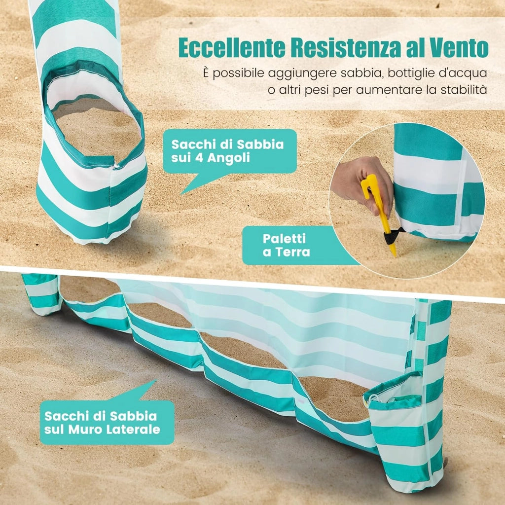 Tenda da Spiaggia Pieghevole 183 x 183 cm, Tenda da Mare con Borsa di Trasporto, Parete Removibile e 8 Tasche per Sabbia, per Spiaggia, Campeggio e Picnic (Verde e Bianco, 183 x 183 cm)