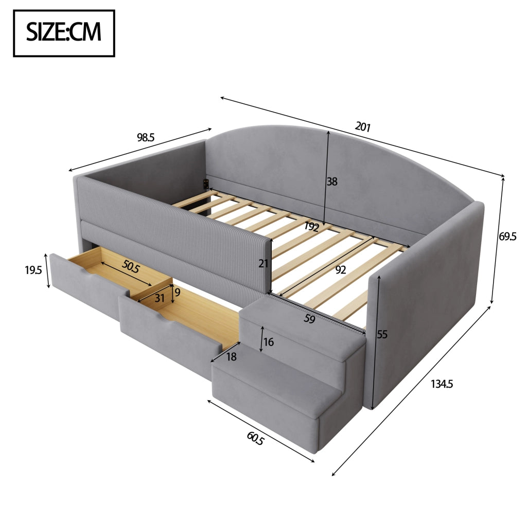 Letto per bambini imbottito 90x190 cm con 2 cassetti; gradini e sponde; grigio acqua