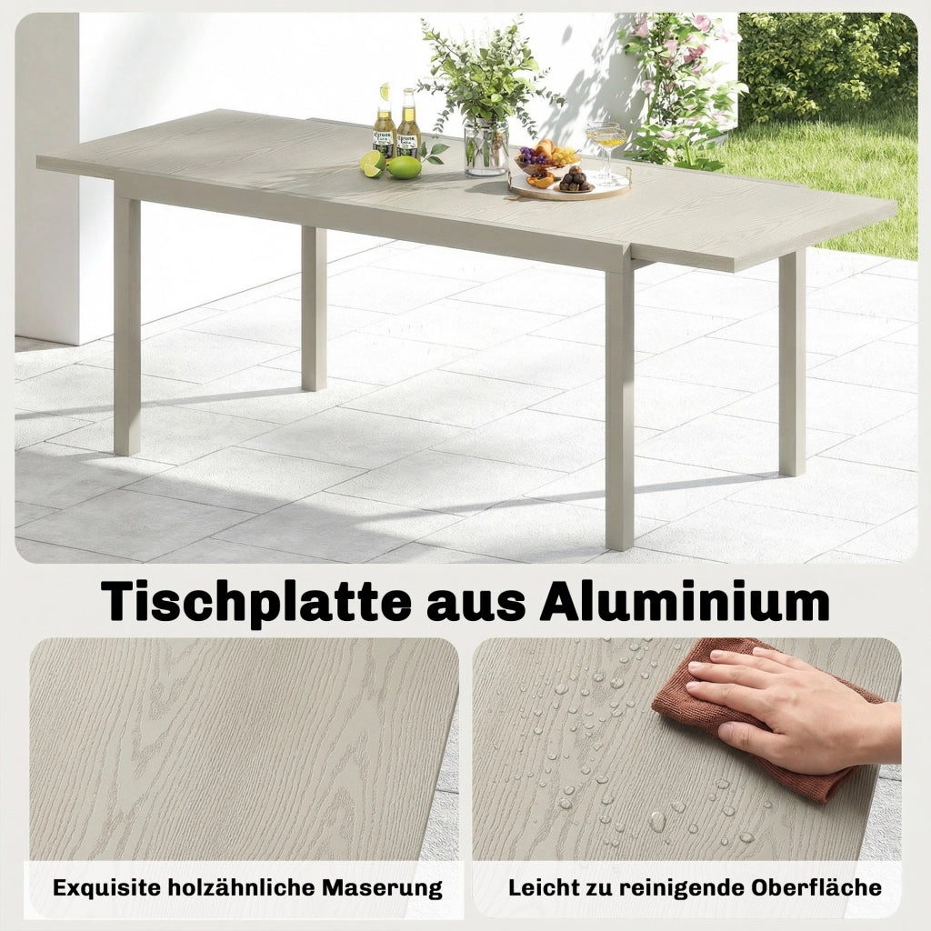 Tavolo da giardino estedibile; 154/214 x 85 cm; tavolo da pranzo in alluminio per 8-10 persone; aspetto legno; grigio chiaro