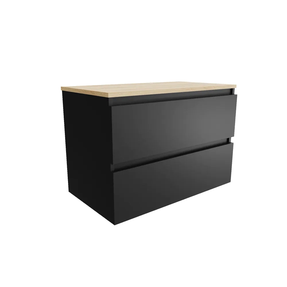 Mobile bagno sospeso 70cm due cassetti nero opaco con top rovere chiaro | Hexa