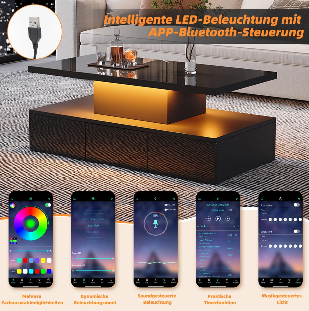 Tavolino da salotto moderno nero 100 x 50 x 39 cm con LED dimmerabile e spazio contenitivo