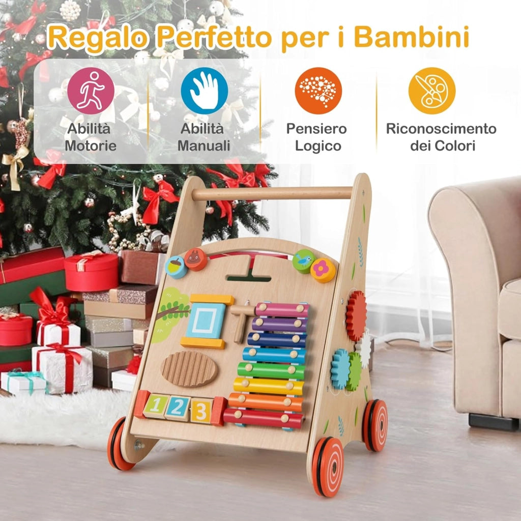 7 in 1 Girello per Bambini in Legno, Carrellino Primi Passi con Manico, Contenitore e Ruote, Giocattolo Montessori da Spingere e Tirare, Gioco Educativo per Bambini 3 + Anni (Modello 2)