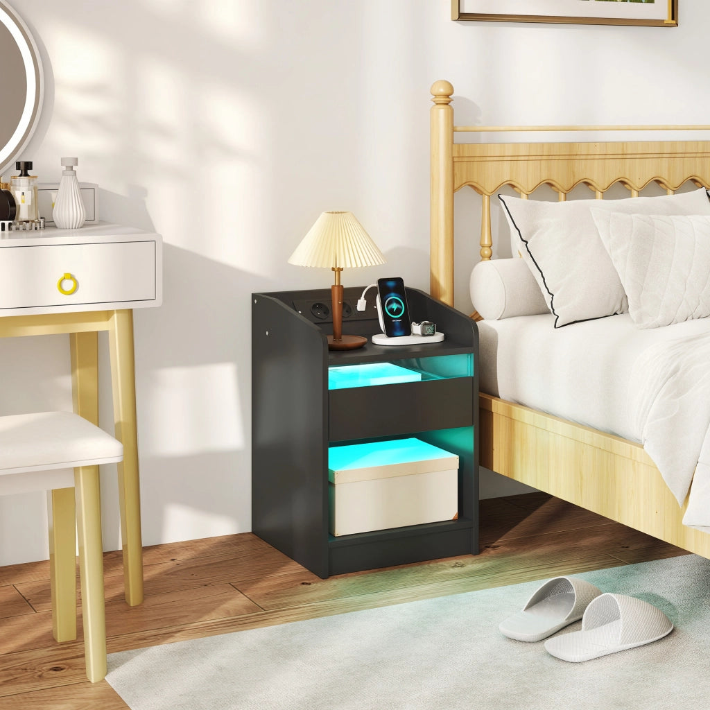 Comodino con Luci LED RGB e Cassetto ¨C Zephmum ¨C 40x40x58 Cm Nero