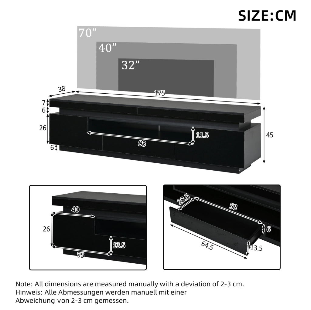 Mobile TV 175x38x45 cm con LED; 2 armadietti a L e 1 cassetto in truciolato nero