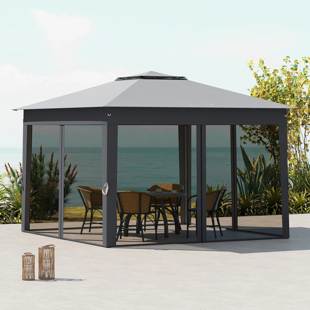 Gazebo Pieghevole 3,4 x 3,4 m con Zanzariera, Gazebo da Giardino con Tende Laterali, Tenda da Giardino Antivento Facile da Montare Resistente 210D con Borsa di Trasporto (Grigio)