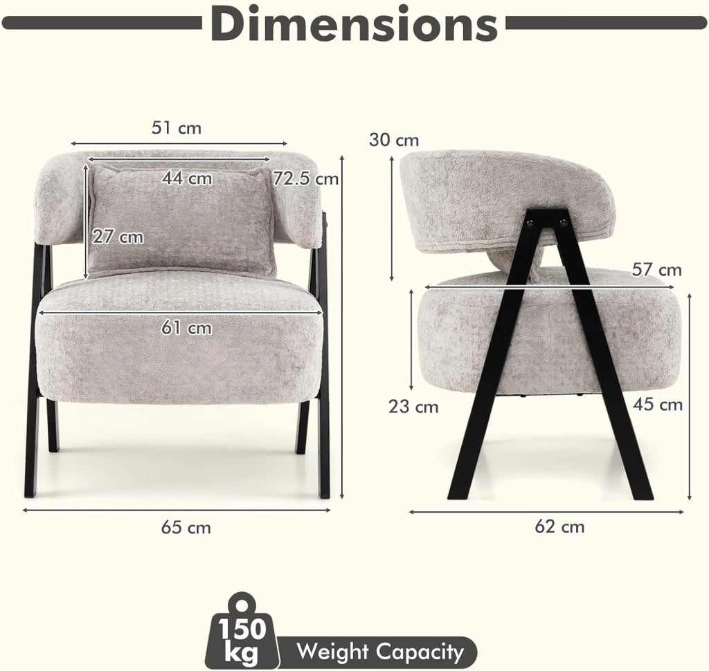 Poltrona da Salotto, Poltrona Imbottita Confortevole con Schienale Curvo e Cuscino Lombare, Piedi in Metallo Solidi, Sedia Relax per Angolo Lettura, Salotto, Camera da Letto (Grigio)