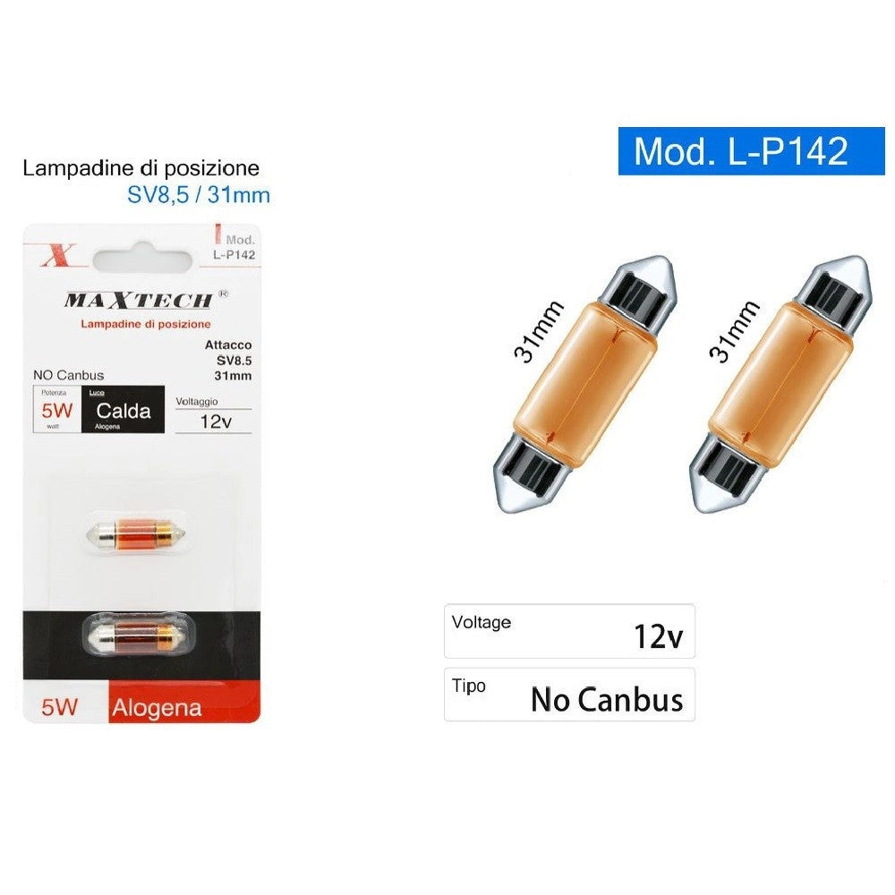 Trade Shop - Lampadine Di Posizione Auto Sv8.5 31mm 12v 5w L-p142 No Canbus Luce Calda Alogena -