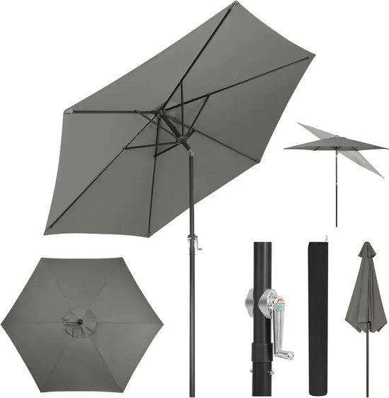 Parasole UV resistente e impermeabile con asta metallica, inclinabile a 45°, altezza 240 cm, con tasca portatile in grigio