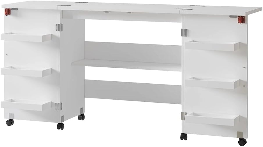 Il tavolo per il cucito Carmen, Bianco, 118 x 77.5 cm con 3 ripiani, pieghevole con ruote per un utilizzo flessibile come tavolo da lavoro