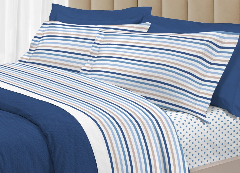 Completo Lenzuola Letto 100% Cotone Italy 3027 Disegno Riga Dots - Matrimoniale - Blu
