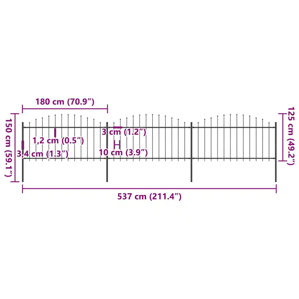 Recinzione da Giardino con Punta a Lancia in Acciaio 537x150 cm Nero 277732