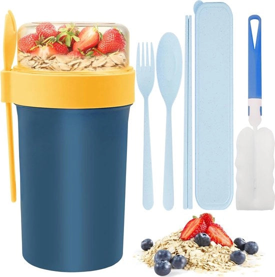 Mueslibeker portatile, 760 ml + 230 ml, 5 contenitori di yogurt con cucchiaio e forchetta, mueslibeker senza lattosio con piccola scatola di spezie, contenitore di yogurt, grande per lavoro, scuola, picnic, viaggi (blu)
