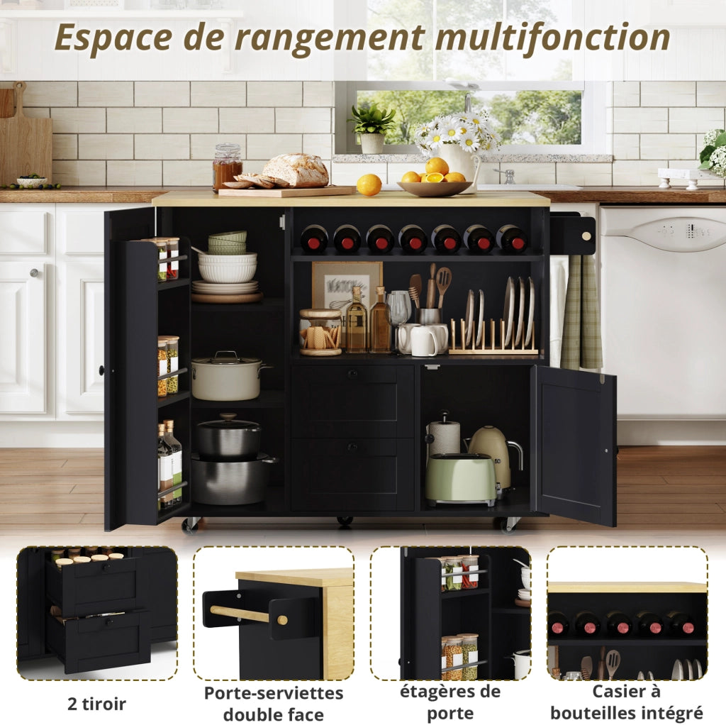Carrello isola da cucina pieghevole 104x45(69)x89 cm in MDF naturale e nero
