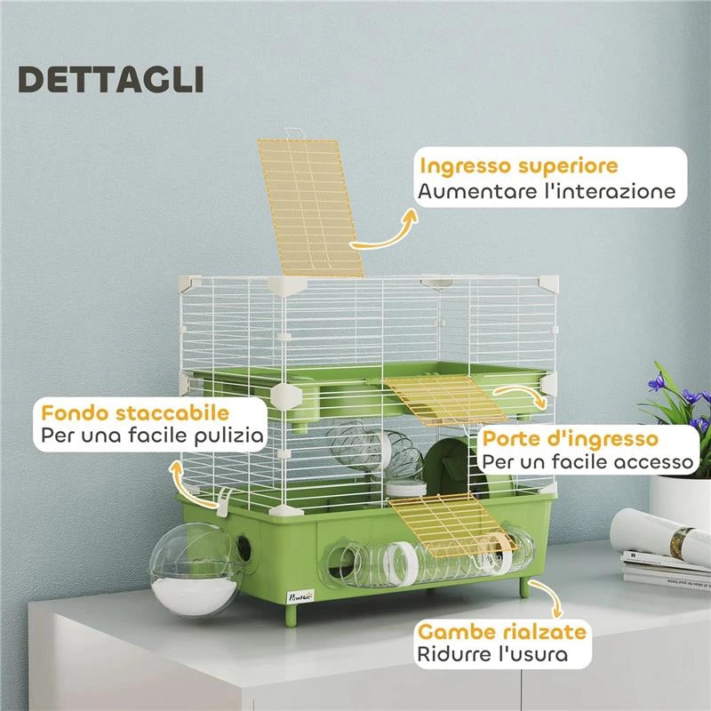 GABBIA PER CRICETI A 2 LIVELLI E 3 PORTE CON RUOTA E TUBI IN ACCIAIO PS E PP 44.5X28X44 CM VERDE E BIANCO