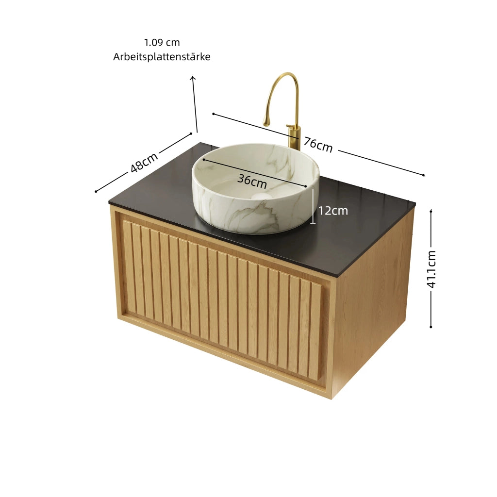 Mobile sottolavabo sospeso con lavabo rotondo in ceramica e cassetto frontale rigato per bagno rovere e nero