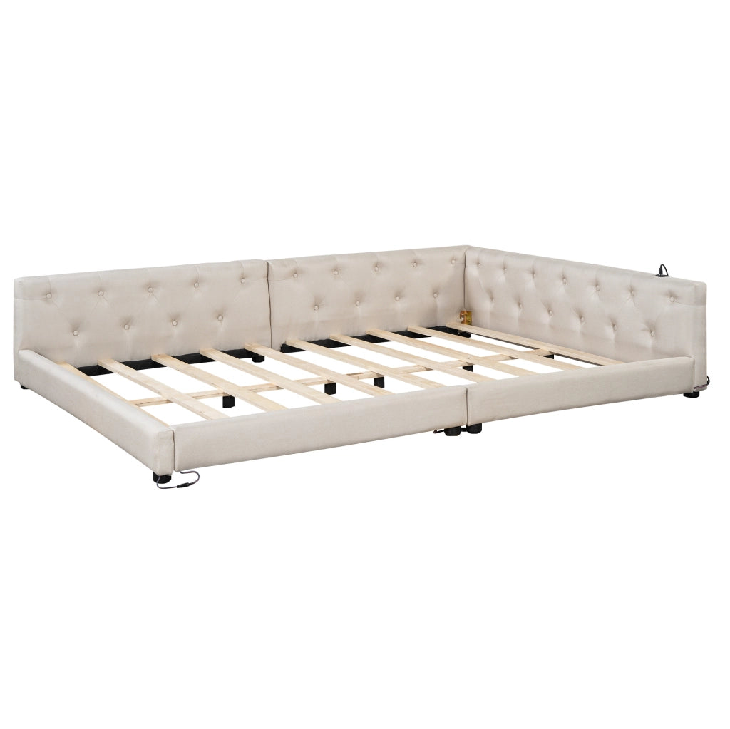 Letto matrimoniale 140x200 cm con LED; USB e Type-C; in lino beige