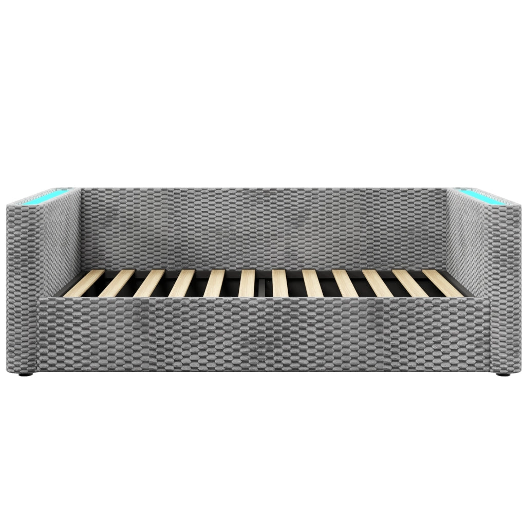 Divano letto daybed 90x200 cm in velluto grigio con illuminazione LED e contenitore idraulico