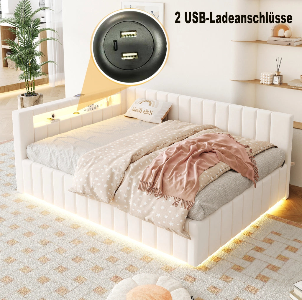 Letto matrimoniale imbottito 140x200 cm con contenitore idraulico; LED e USB; velluto beige