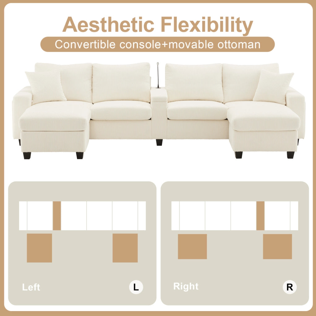 Divano a U in velluto a coste con 2 pouf contenitore; LED; USB e Type-C; beige 334x128;5x81 cm