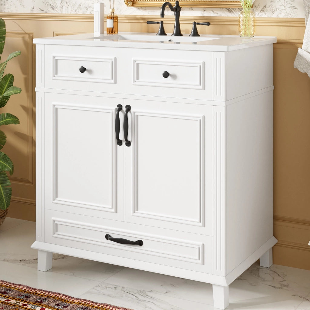 Mobile sottolavabo con lavabo in ceramica, 2 ante e 9 vani, per bagno, in MDF, bianco, 77 × 46 × 86 cm