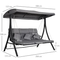 Dondolo da Giardino 3 Posti con Tettuccio Parasole Regolabile e 3 Cuscini, Dondolo da Esterno con Seduta Traspirante in Texteline e Metallo, Portata Fino a 270 kg, 198x118x168 cm, Grigio