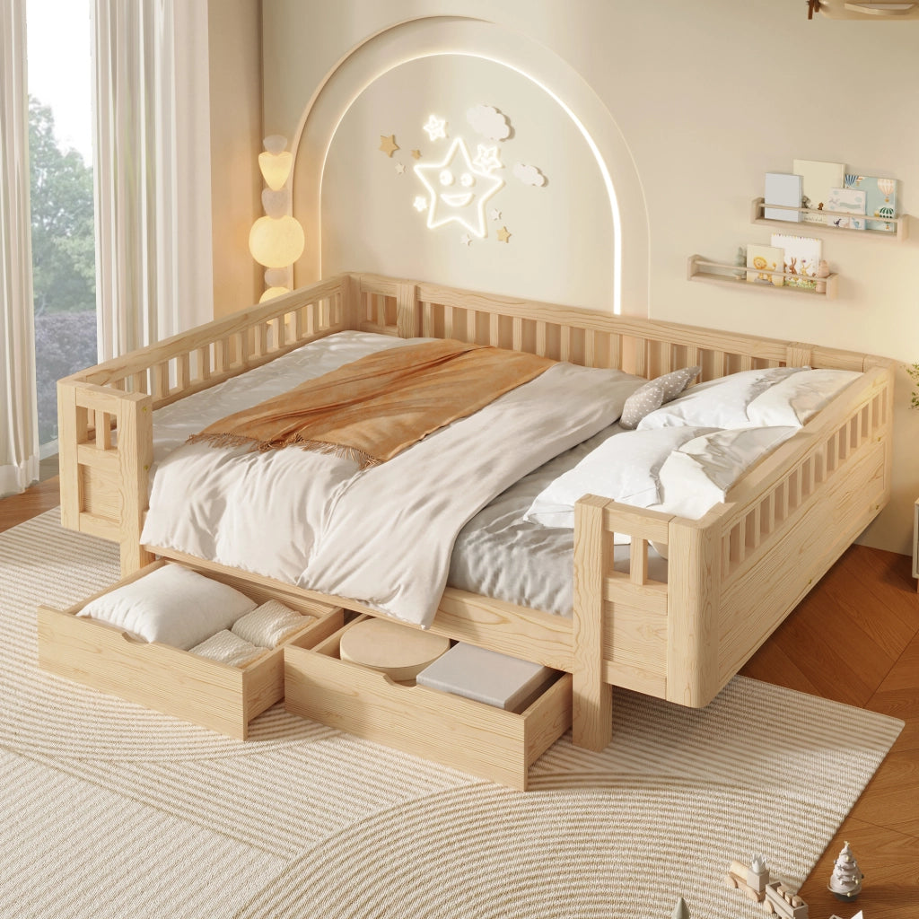 Letto 140x200 in Legno con Due Cassetti e Sponde Alte per Bambini