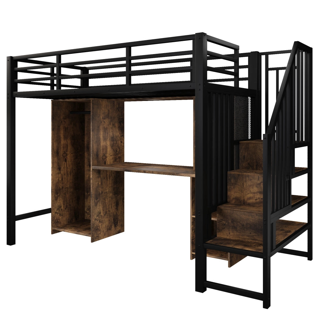 Letto a castello nero in metallo con stoccaggio armadio e scrivania 90x200 cm