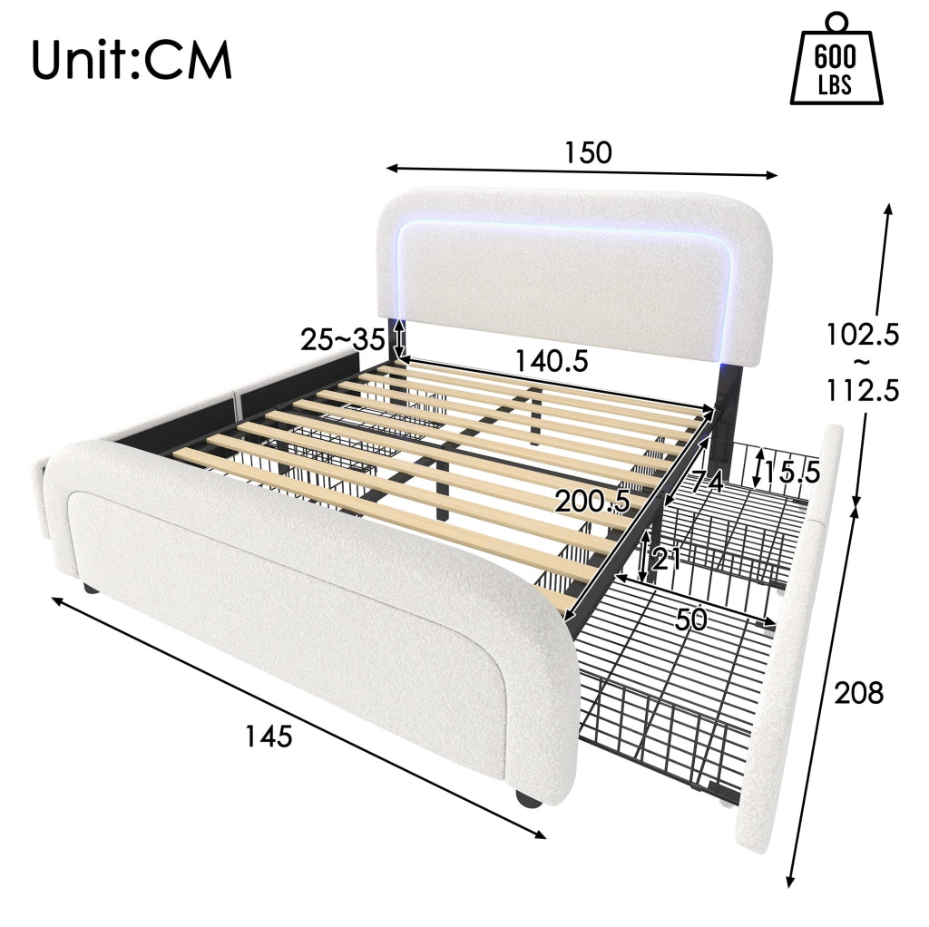 Letto matrimoniale 140x200 con materasso, LED, USB-C e cassetti