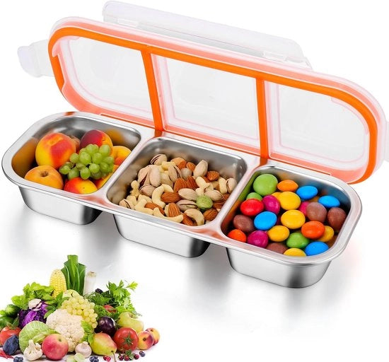Lunchbox leggero - Box per snack con coperchio - Box per cibo con 3 compartimenti - In acciaio inossidabile - Bagaglio chiuso a mano - Box per snack in metallo - Riciclabile - Box per snack in acciaio inossidabile - Bianca