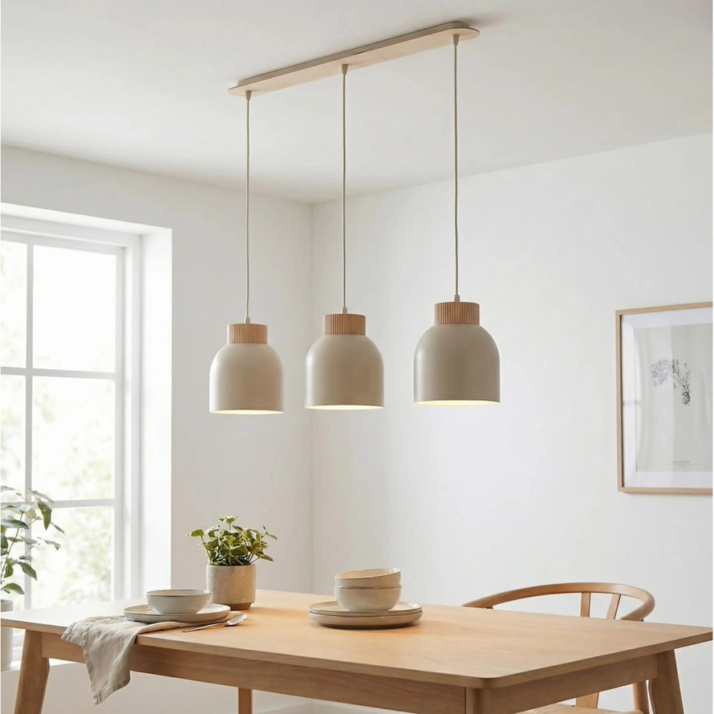 Lampada a sospensione Vigo in acciaio beige opaco e legno