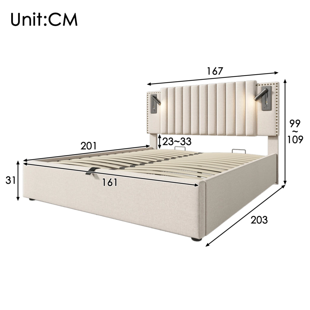 Letto matrimoniale 160x200 cm con contenitore; luce da lettura e USB; beige in cotone