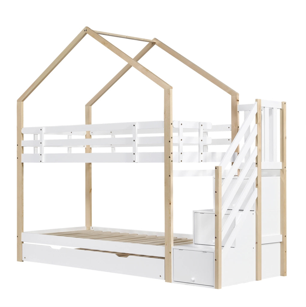 Letto a castello estraibile in legno naturale e bianco con scala e 4 cassetti, 90x200 cm e 90x190 cm
