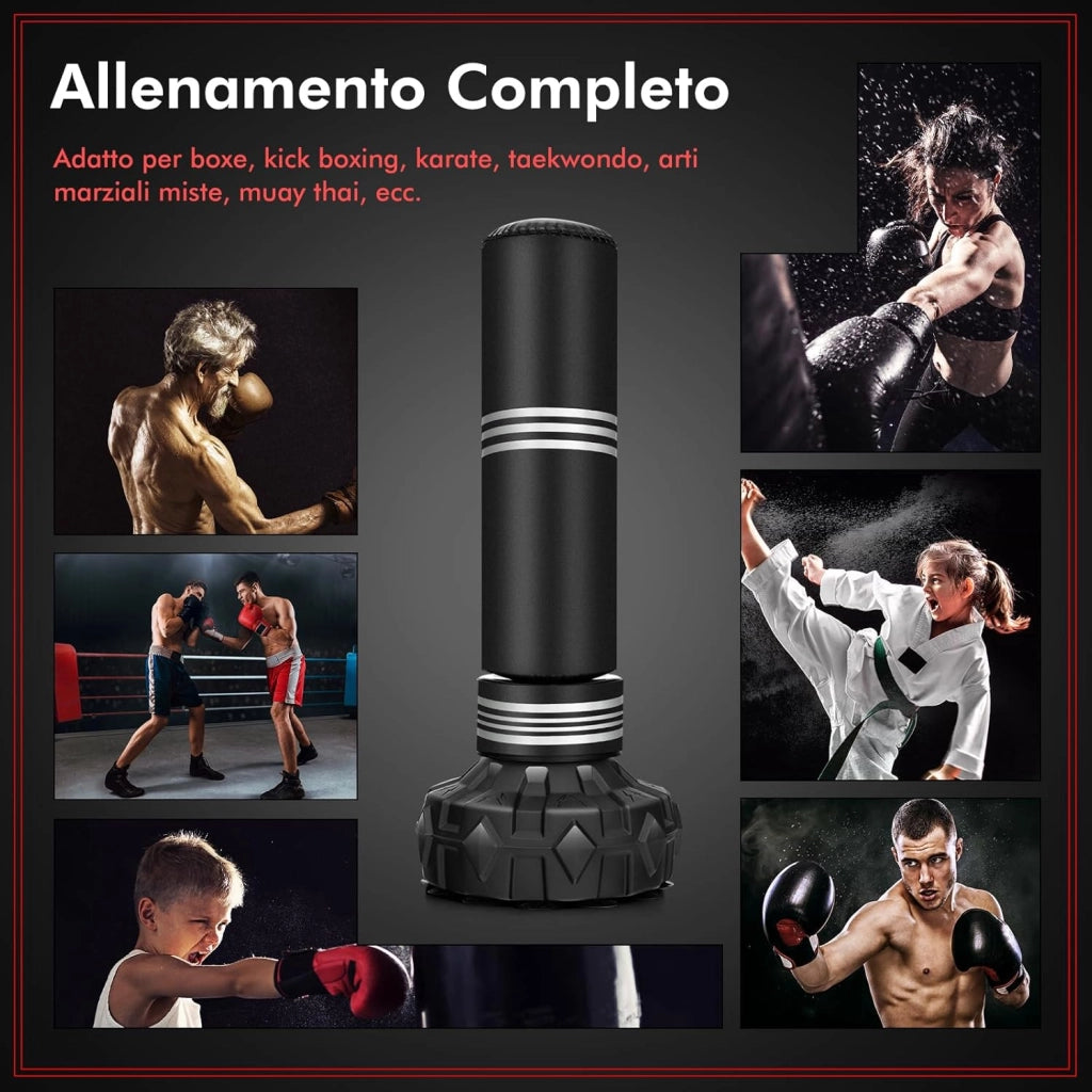 Sacco da Boxe da Terra Professionale con Area per Calci, Sacco Kick Boxing Autoportante con Base Riempibile da Sabbia e Acqua, 12 Ventose in Gomma e Struttura Multistrato