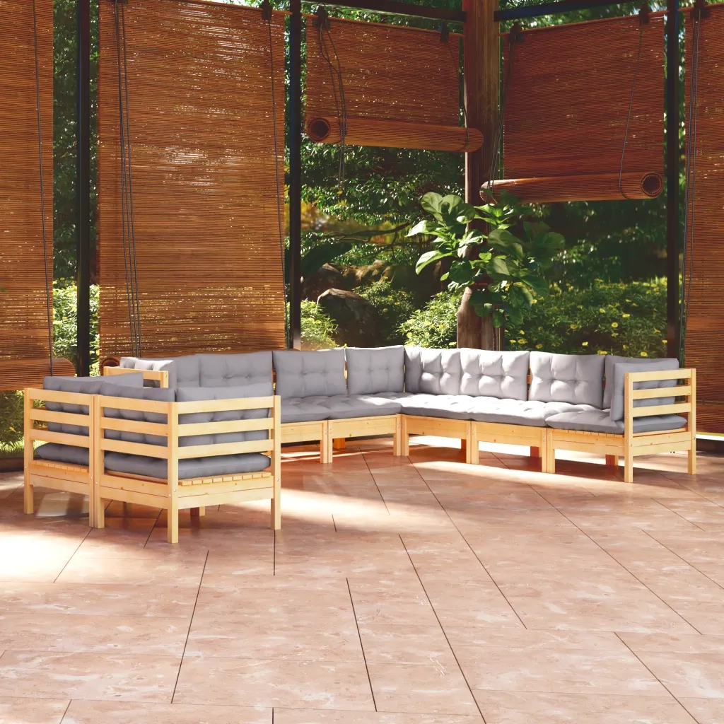Set Divani da Giardino 9 pz con Cuscini Grigi Massello di Pino cod mxl 39263