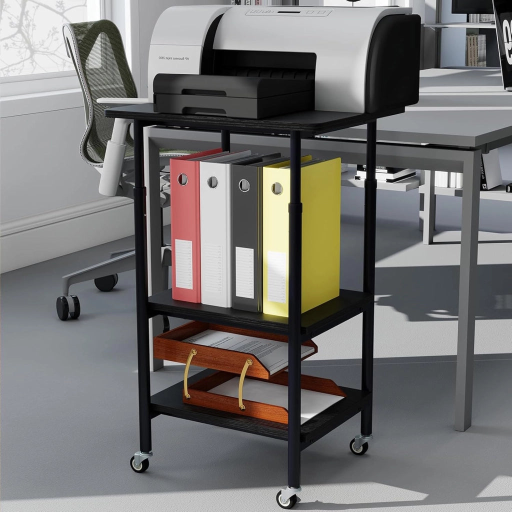 Supporto per Stampante a 3 Livelli, Tavolino Porta Stampante con Ruote Bloccabili e Altezza Regolabile, per Stampante 3D, Scanner, Fax, per Studio e Ufficio, 49 x 40 x 65/77 cm (Nero)