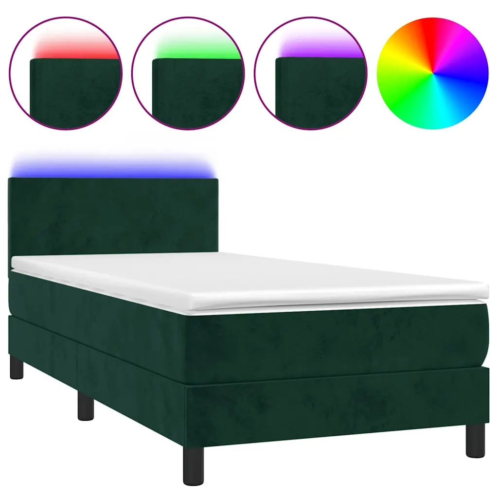 Letto a Molle con Materasso e LED Verde Scuro 90x200cm Velluto 3134264