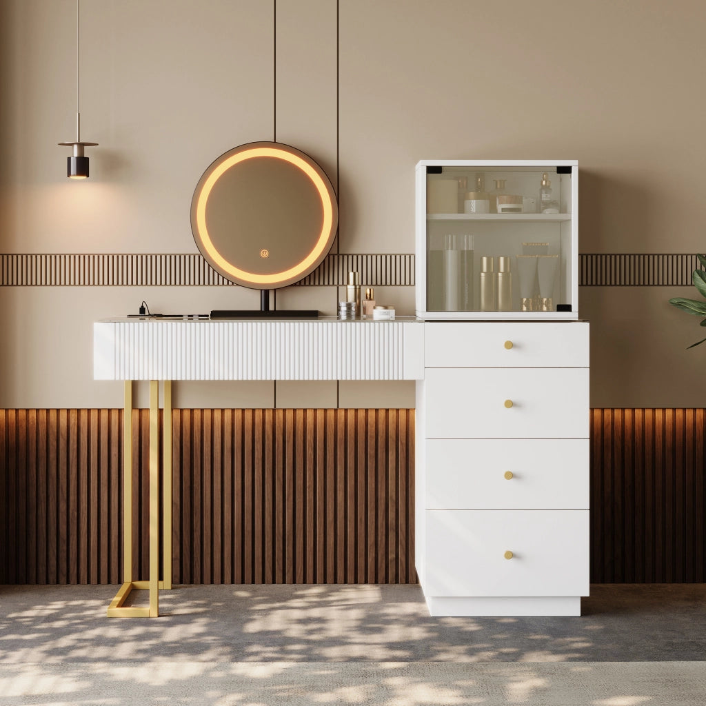 Tavolo da toeletta bianco con specchio LED e 5 cassetti