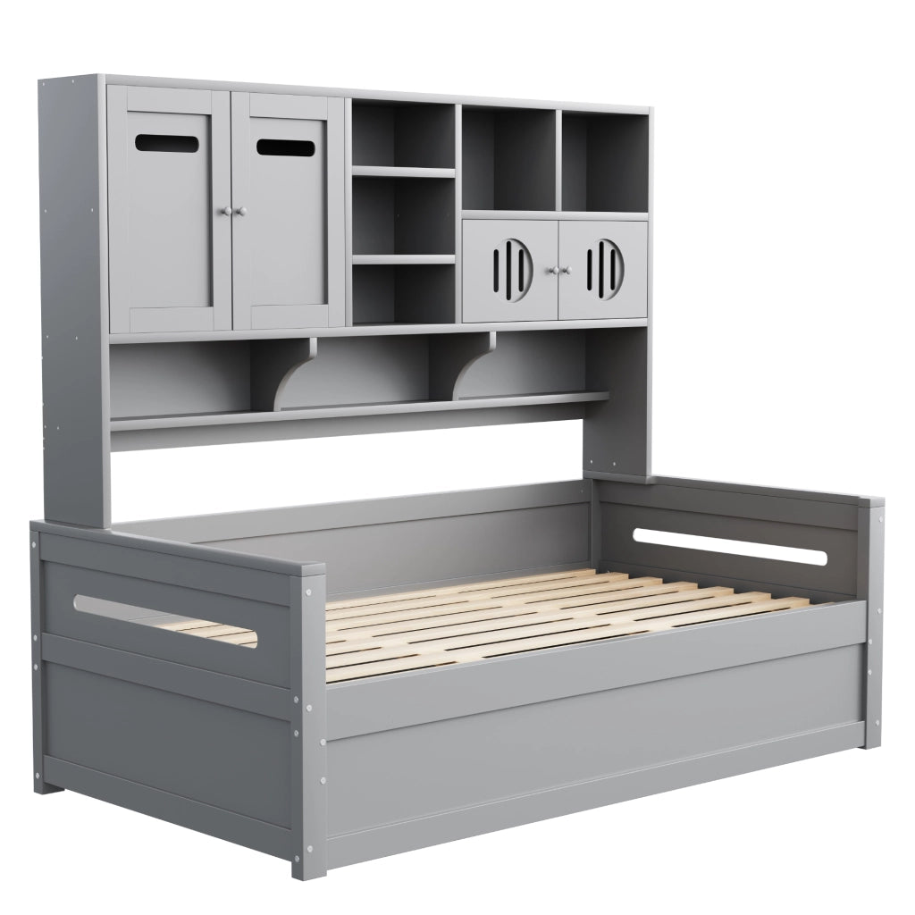 OKWISH Letto Divano 90×200 cm, Letto Singolo con Contenitore Idraulico, Armadietto e Mensole, senza Materasso, Legno, Grigio