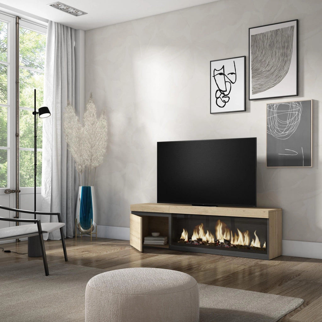 Mobile TV Soggiorno, 158x35x45cm, Per TV fino a 65", Camino elettrico XXL, colore Rovere RF3250