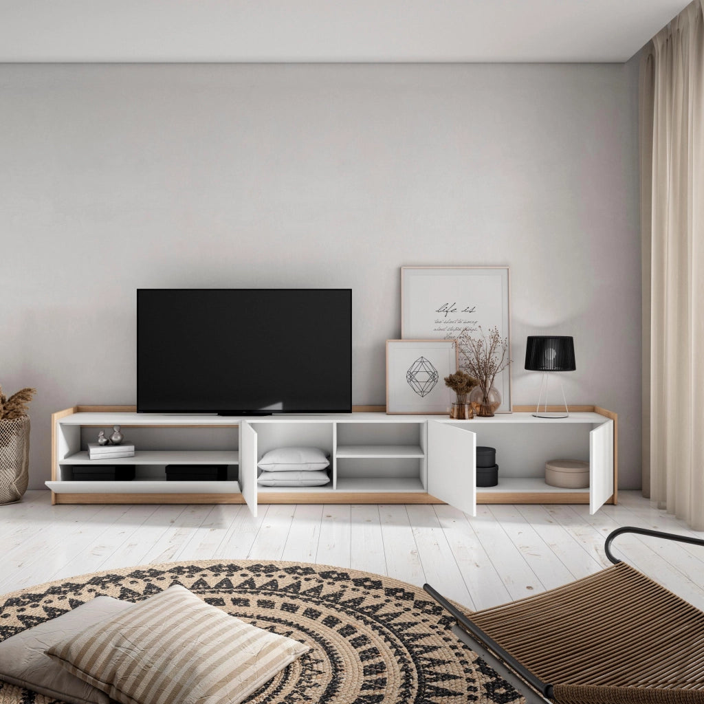 Mobile TV Soggiorno, 310x50x37 cm, Per TV fino a 80", Mobile Soggiorno, Bianco e Rovere soft