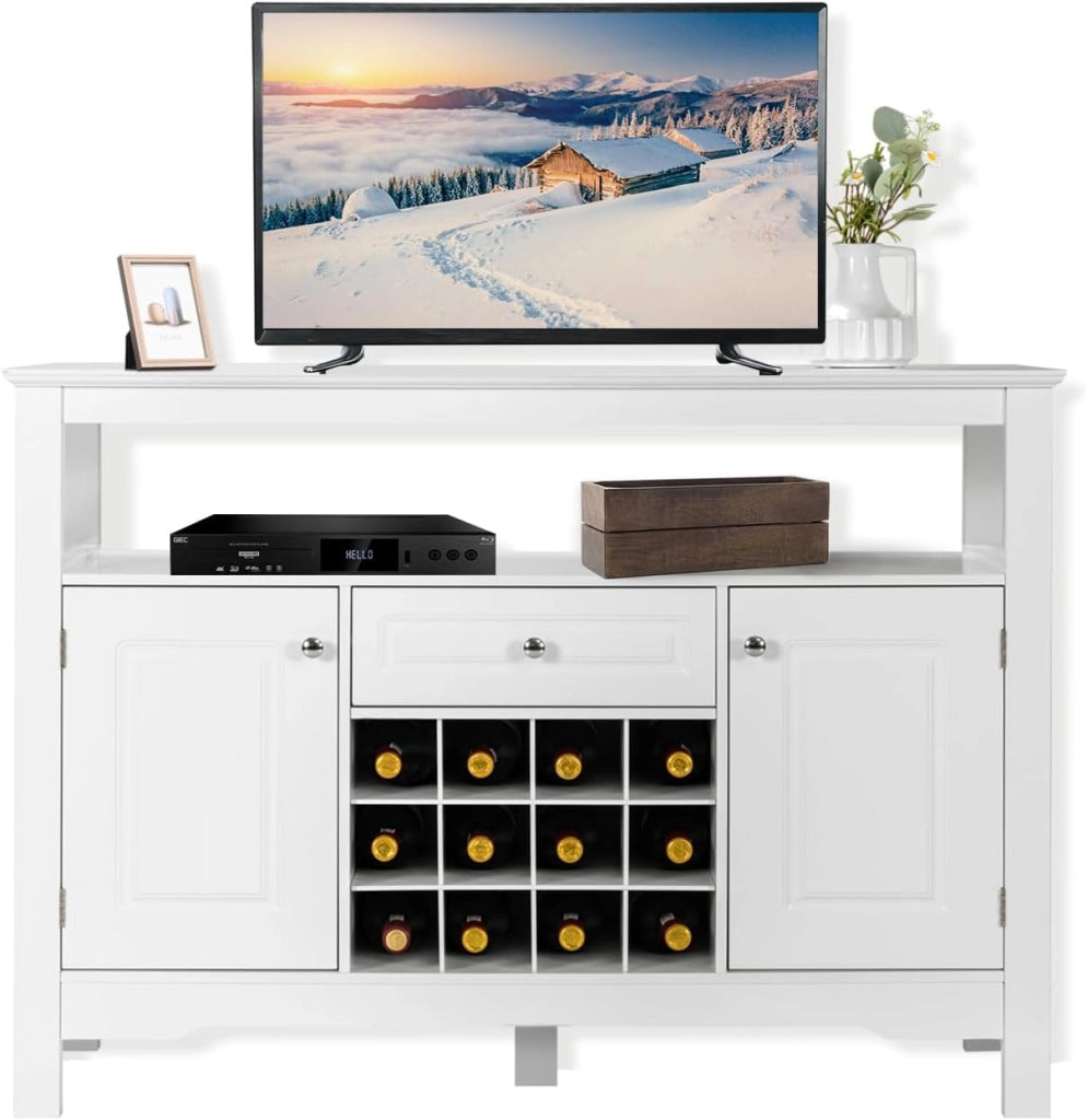 Mobiletto Multioso a Buffet, Credenza Cucina con 2 Ante, 1 Cassetto, 12 Cubetti di Vino, 2 Ripiani, Armadietto da Soggiorno, Credenza Cucina Salvaspazio in Legno, 116 × 40 × 82 cm