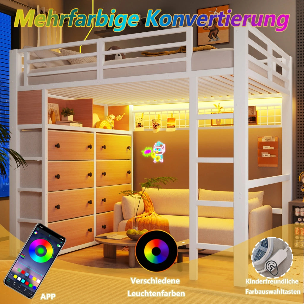 DESMIU Letto a soppalco 140 × 200 cm 2 posti con 8 cassetti, ripiani e LED, senza materasso, bianco
