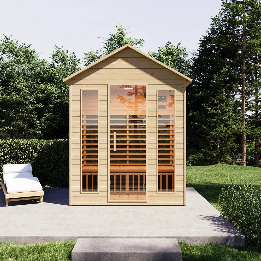 Sauna da esterno infrarossi 120x180 cm H208 da 2 o 4 posti in legno di abete con radio integrata | Pori