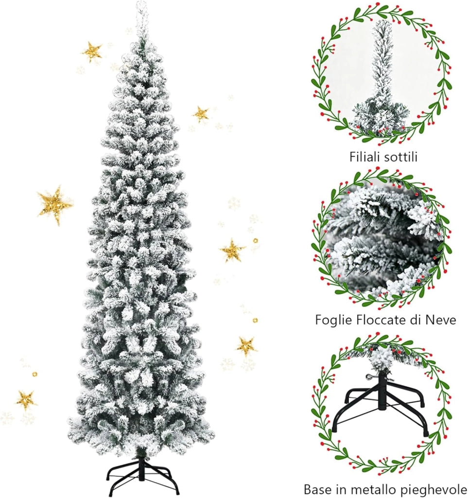 Albero di Natale Innevato 140/180/225 cm, Albero di Natale Artificiale Slim con 242/500/641 Rami Realistici e Folti e Base Pieghevole di Metallo, Apertura a Ombrello (225 cm)