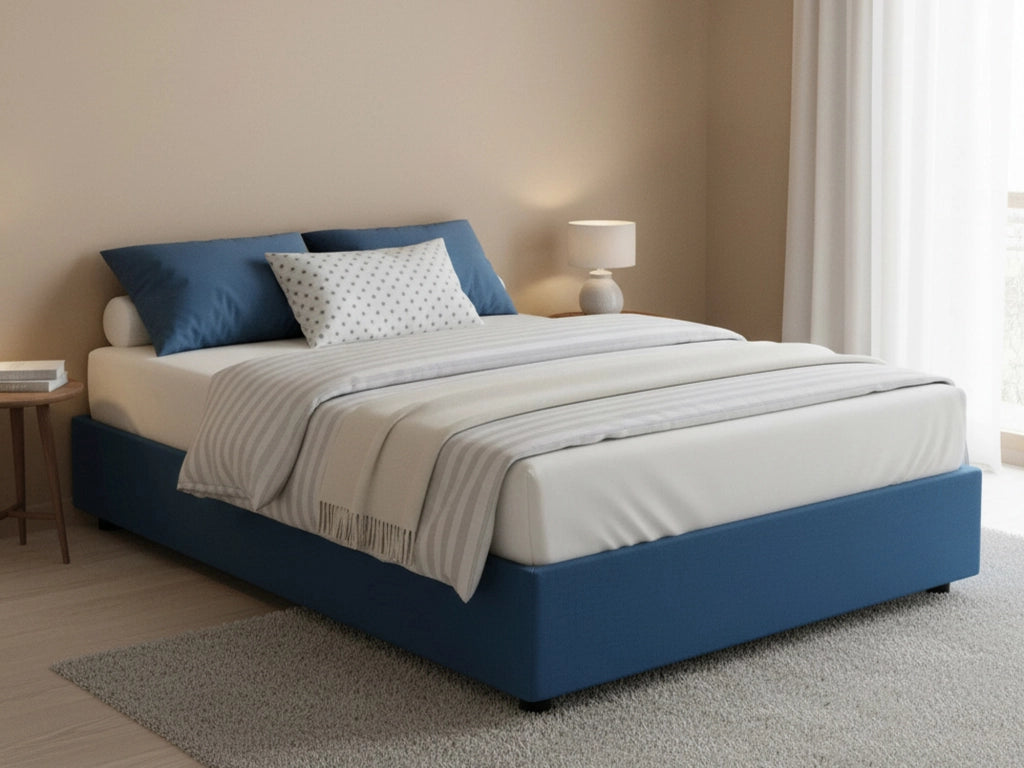 Letto matrimoniale Alaska, Letto contenitore con rivestimento in tessuto, Made in Italy, Apertura frontale, adatto per materasso cm 160x200, Blu