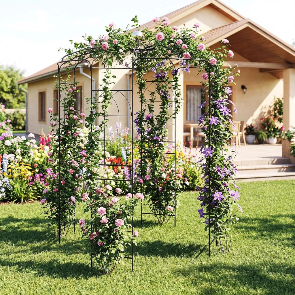 Traliccio ad Arco in Metallo Zincato per Piante Rampicanti, Gazebo a Forma di Gabbia per Uccelli con Gancio e Paletti, Pergola da Giardino per Cerimonie, 198 x 284 cm, Nero