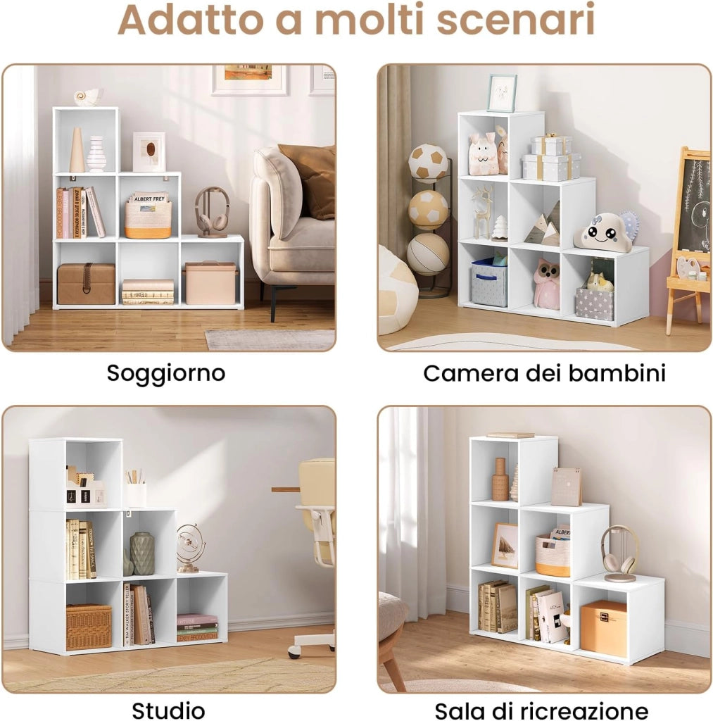 Libreria con 6 Cubi, Scaffale con Scomparti Aperti per Libri, Decorazioni, Piante, Legno Ingegnerizzato Bianco, Camera da Letto, Soggiorno, Ufficio, 90x30x90cm, SK061ws