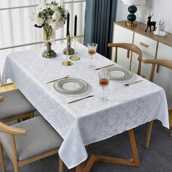 Tappeto da tavolo - 132x132cm Tavolo in damasco bianco con disegno a trama Jacquard Impermeabile Resistente alle bolle e alle macchie Pieghevole Tappeto da tavolo per cucina in stile lungo