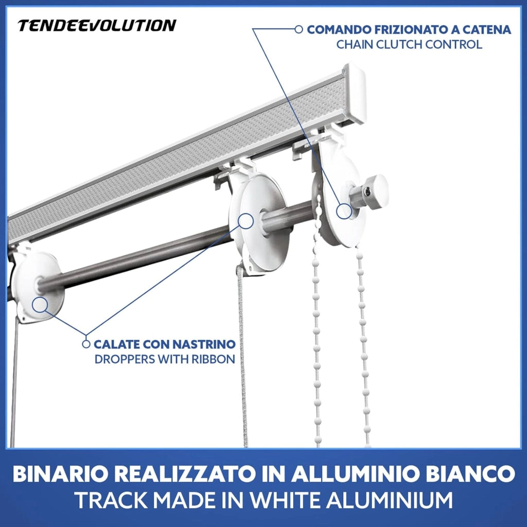 BASTONE BINARIO PER TENDA A PACCHETTO CON 4 CALATE A SGANCIO RAPIDO IN ALLUMINIO BIANCO LUNGHEZZA 100 CM Attacco Parete COMANDO A DESTRA