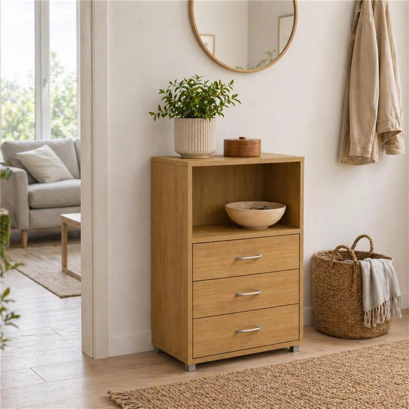 CASSETTIERA IN LEGNO CON TRE CASSETTI E RIPIANO COLORE ROVERE DIMENSIONI 60X40X101 CM